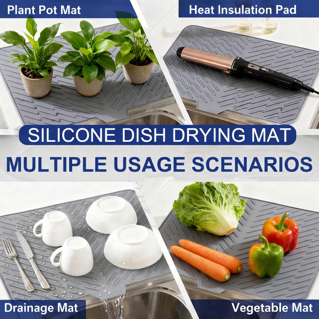 Premium Silicone Dish Drying Mat with Built-in Drainage Spout | Heat Resistant & Anti-Slip Kitchen Countertop Organizer