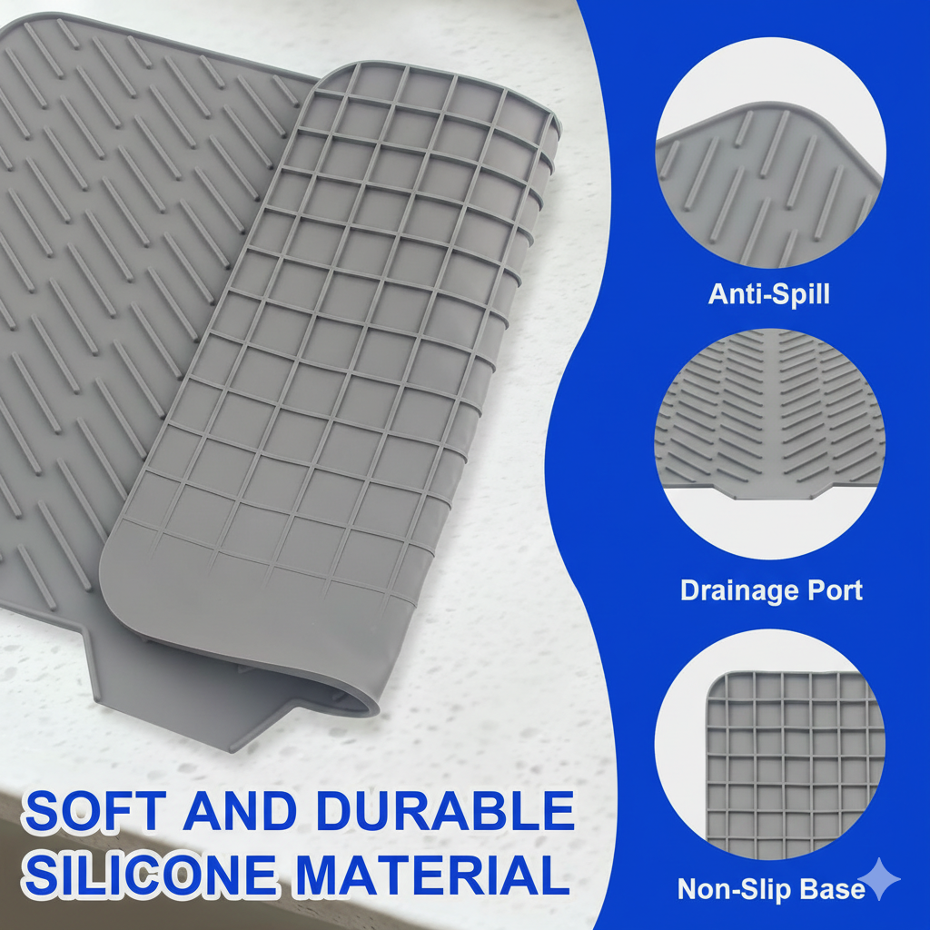 Premium Silicone Dish Drying Mat with Built-in Drainage Spout | Heat Resistant & Anti-Slip Kitchen Countertop Organizer